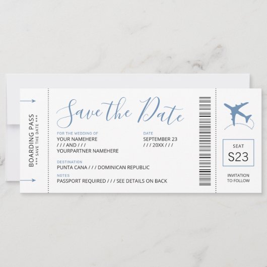 Boarding Pass Save the Date Einladung Blaues Flugz (Vorderseite)