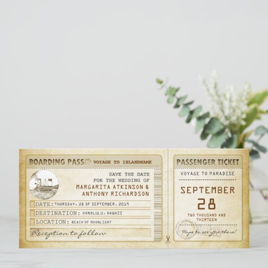 Boarding Pass Save the Date Fahrkarten mit Schiff (Stehend Vorderseite)