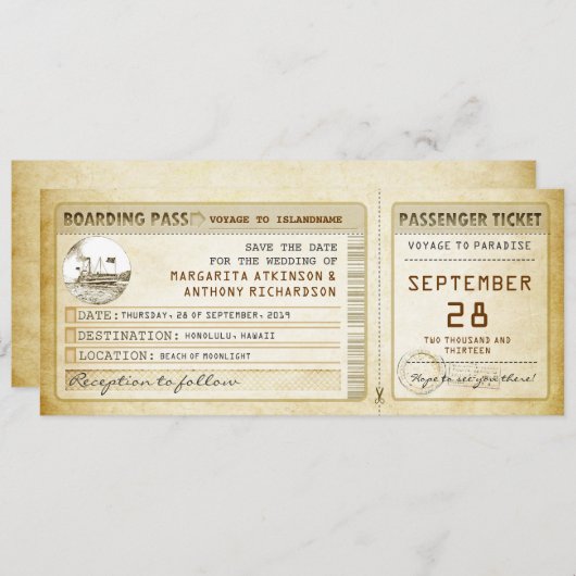 Boarding Pass Save the Date Fahrkarten mit Schiff (Vorne/Hinten)