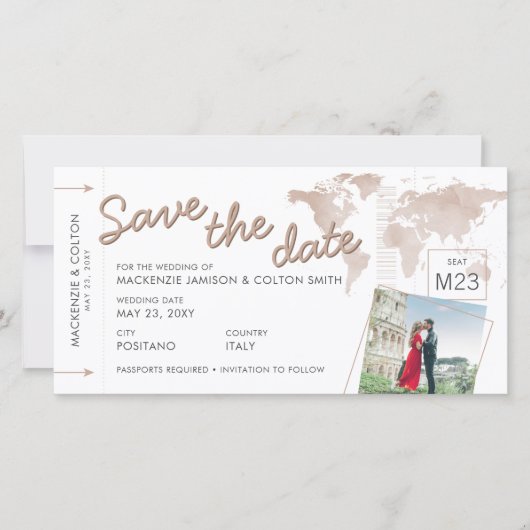 Boarding Pass Save the Date Foto Tan Weltkarte (Vorderseite)