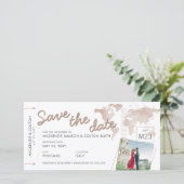 Boarding Pass Save the Date Foto Tan Weltkarte (Stehend Vorderseite)