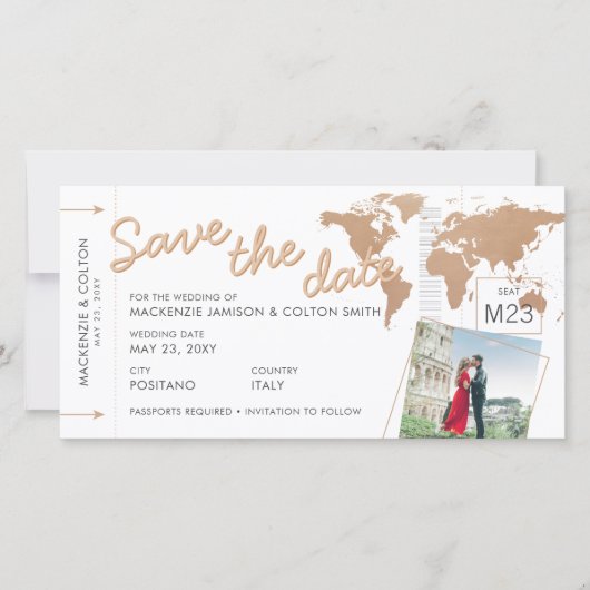 Boarding Pass Save the Date Foto Weltkarte (Vorderseite)