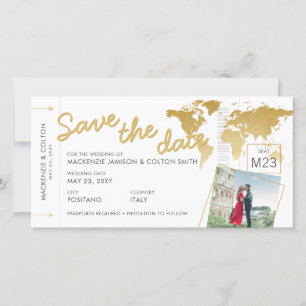 Boarding Pass Save the Date Foto Weltkarte Gold
