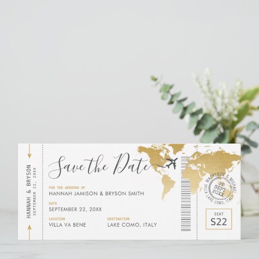 Boarding Pass Save the Date Gold Weltkarte Einladung (Stehend Vorderseite)
