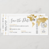 Boarding Pass Save the Date Gold Weltkarte Einladung (Vorne/Hinten)