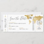 Boarding Pass Save the Date Gold Weltkarte Einladung<br><div class="desc">Boarding-Pass Save the Date für eine Hochzeit in Urlaubsort mit einer Goldfolie-Weltkarte für Imitate, unserem romantischen Flugzeug mit einem Herz-Hochzeitslogo und einer personalisierten Briefmarke für den Hochzeitspass mit Ihren Namen, Hochzeitsdatum und Ort. Alle Schriftart, Texte und Farbtöne sind neben dem Goldweltbild editierbar, aber Paper Traube bietet mehrere andere Farboptionen, wenn...</div>