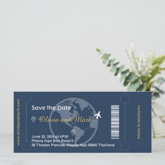 Boarding Pass Save the Date - Navy & Gold (Stehend Vorderseite)