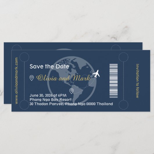Boarding Pass Save the Date - Navy & Gold (Vorne/Hinten)