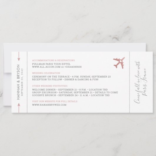 Boarding Pass Save the Date Rosa Karte Ticket (Rückseite)