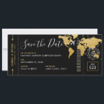 Boarding Pass Save the Date Schwarze Weltkarte Einladung<br><div class="desc">Black and Gold Elegant Boarding Pass Save the Date für eine Hochzeit in Urlaubsort mit einer Goldfolie-Weltkarte für Imitate auf schwarzem Hintergrund mit unserem romantischen Flugzeug Hochzeitslogo und einer personalisierten Briefmarke für den Eintritt in den Hochzeitspass mit Ihren Namen, Hochzeitsdatum und Ort. Alle Schriftart, Texte und Farbtöne sind neben dem...</div>