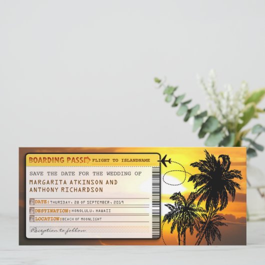 Boarding Pass Save the Date Tickets bei Sonnenunte (Stehend Vorderseite)