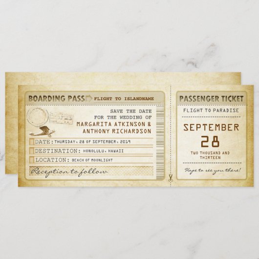 Boarding Pass Save the Date Tickets mit Flugzeug (Vorne/Hinten)