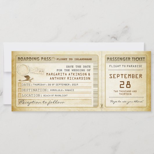 Boarding Pass Save the Date Tickets mit Flugzeug (Vorderseite)