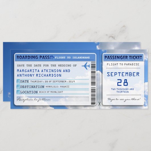 Boarding Pass Save the Date Tickets mit Himmelswol (Vorne/Hinten)