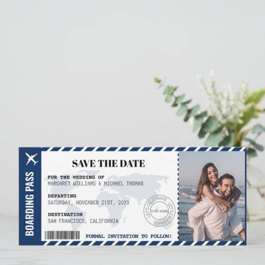 Boarding Pass Save the Date World Map Ticket (Stehend Vorderseite)