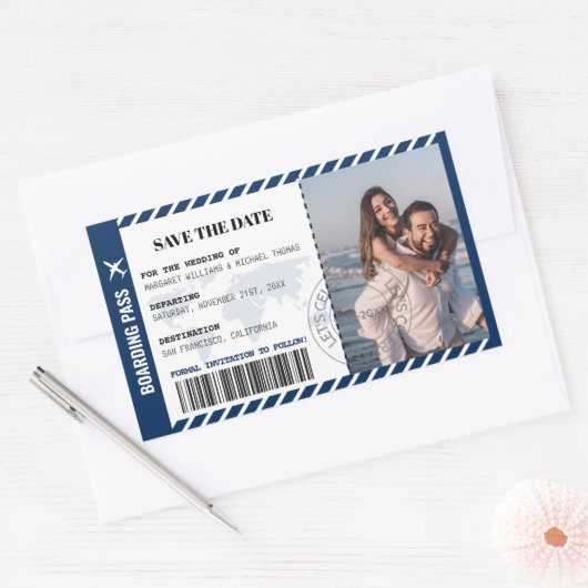Boarding Pass Save the Date World Map Ticket Rechteckiger Aufkleber (Umschlag)