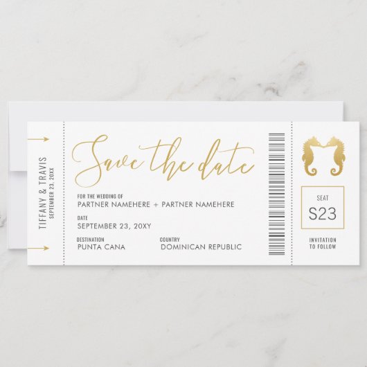 Boarding Pass Seepferde Küssen Ticket Beach Save The Date (Vorderseite)