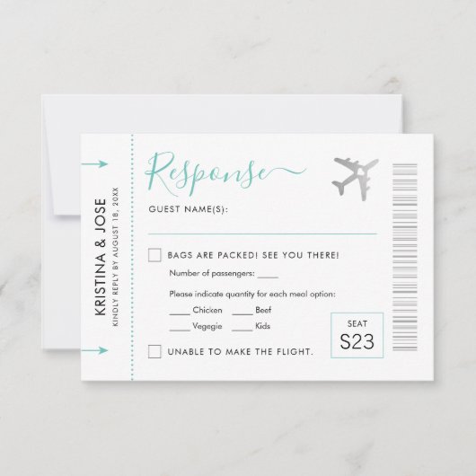 Boarding Pass Silver Flugzeug Ticket Zielort RSVP Karte (Vorderseite)