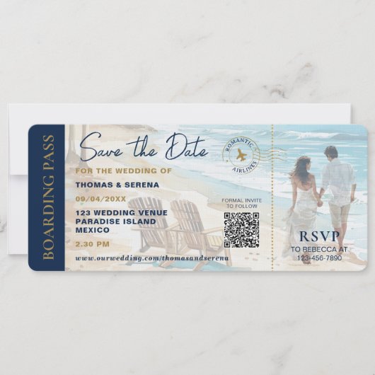 Boarding Pass Strand Save The Date QR Code Hochzei Einladung (Vorderseite)