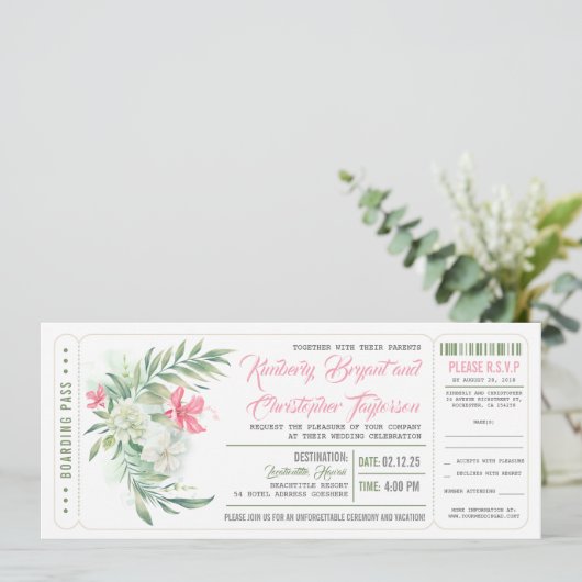Boarding Pass | Strand von Floral | Hochzeitsticke Einladung (Stehend Vorderseite)