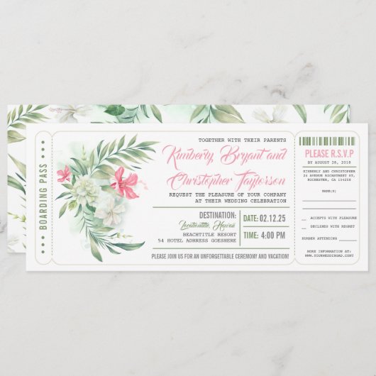 Boarding Pass | Strand von Floral | Hochzeitsticke Einladung (Vorne/Hinten)