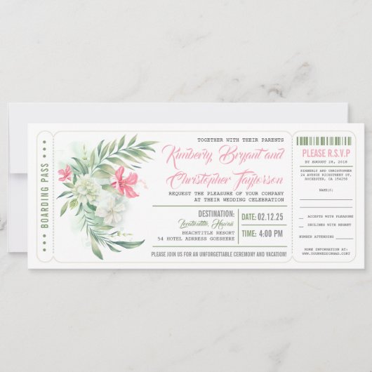 Boarding Pass | Strand von Floral | Hochzeitsticke Einladung (Vorderseite)