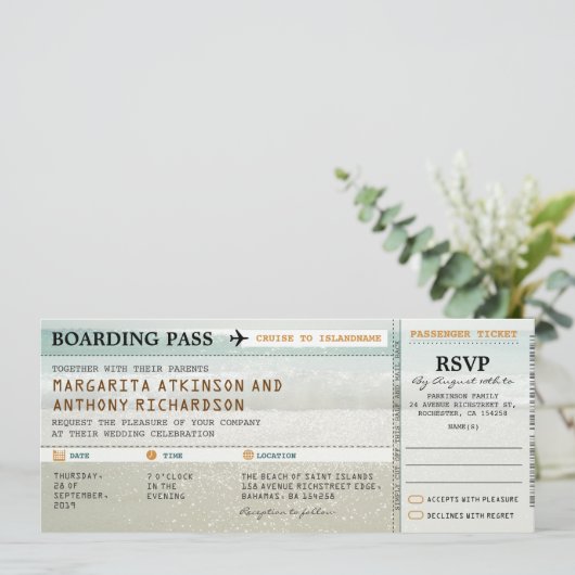 Boarding Pass Strand Wellen Hochzeitsfeiern & UAWG Einladung (Stehend Vorderseite)