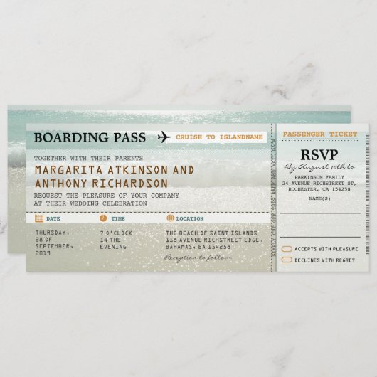Boarding Pass Strand Wellen Hochzeitsfeiern & UAWG Einladung (Vorne/Hinten)