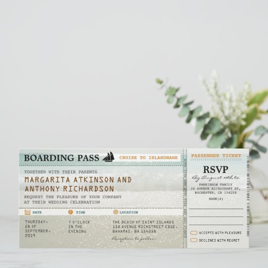 Boarding Pass Strand Wellen Hochzeitsfeiern & UAWG Einladung (Stehend Vorderseite)