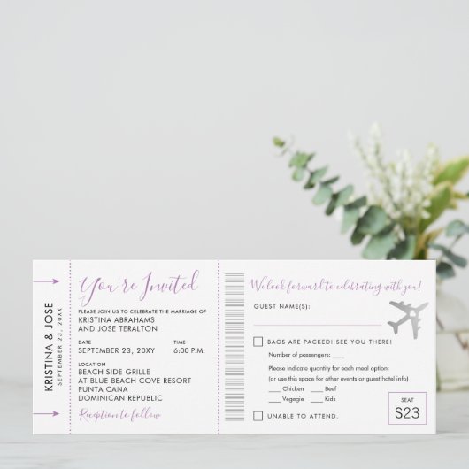 Boarding Pass Ticket All-In-One Einladung Lilac (Stehend Vorderseite)