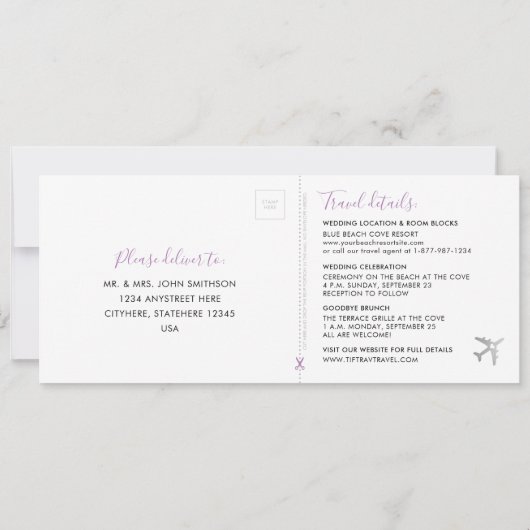 Boarding Pass Ticket All-In-One Einladung Lilac (Rückseite)