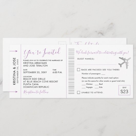 Boarding Pass Ticket All-In-One Einladung Lilac (Vorne/Hinten)