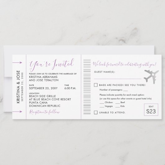 Boarding Pass Ticket All-In-One Einladung Lilac (Vorderseite)