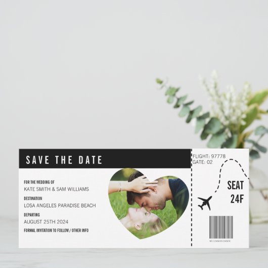 Boarding Pass Ticket Foto Personalisiert Custom Save The Date (Stehend Vorderseite)