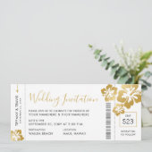 Boarding Pass Ticket Gold Hibiskus Hawaii Wedding Einladung (Stehend Vorderseite)