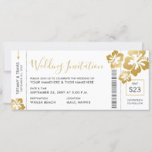 Boarding Pass Ticket Gold Hibiskus Hawaii Wedding