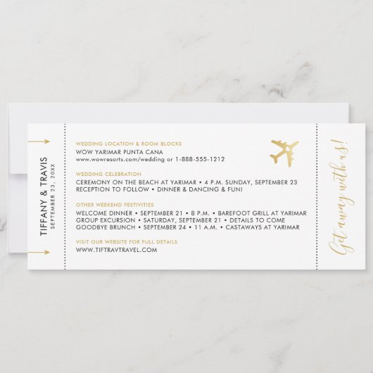 Boarding Pass Ticket Save the Date Gold Flugzeug C Ankündigung (Rückseite)
