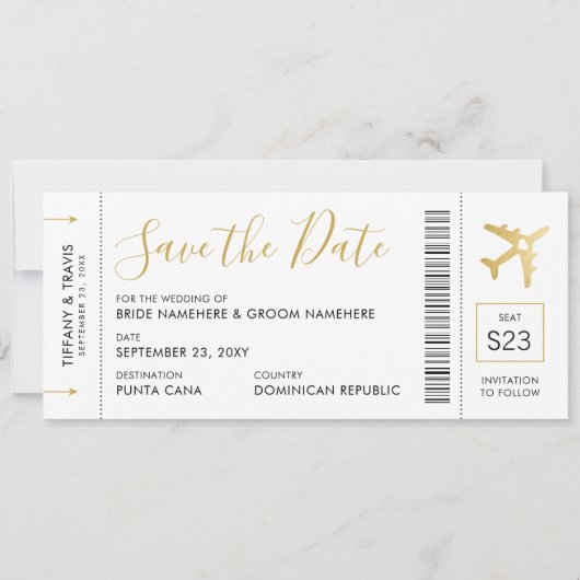 Boarding Pass Ticket Save the Date Gold Flugzeug C Ankündigung (Vorderseite)