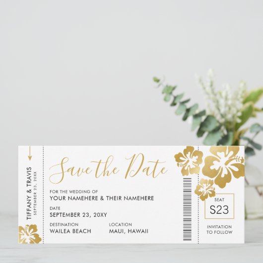 Boarding Pass Ticket Save the Date Gold Hibiskus Ankündigung (Stehend Vorderseite)