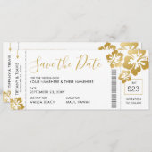 Boarding Pass Ticket Save the Date Gold Hibiskus Ankündigung (Vorne/Hinten)