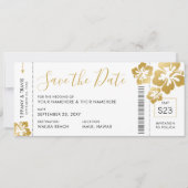 Boarding Pass Ticket Save the Date Gold Hibiskus Ankündigung (Vorderseite)