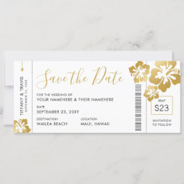 Boarding Pass Ticket Save the Date Gold Hibiskus Ankündigung