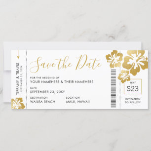 Boarding Pass Ticket Save the Date Gold Hibiskus Ankündigung