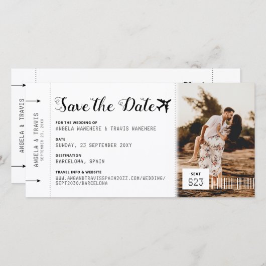 Boarding Pass Ticket Zielort Save the Date (Vorne/Hinten)