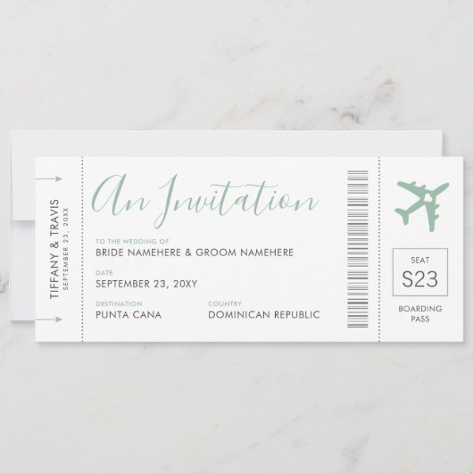 Boarding Pass Ticket Zielort Soft Green Invita Einladung (Vorderseite)