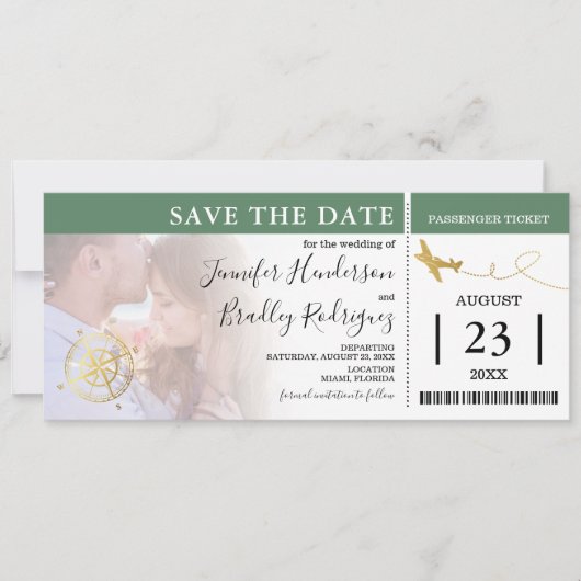 Boarding-Pass-Tickets | Grünes Save the Date Foto Einladung (Vorderseite)