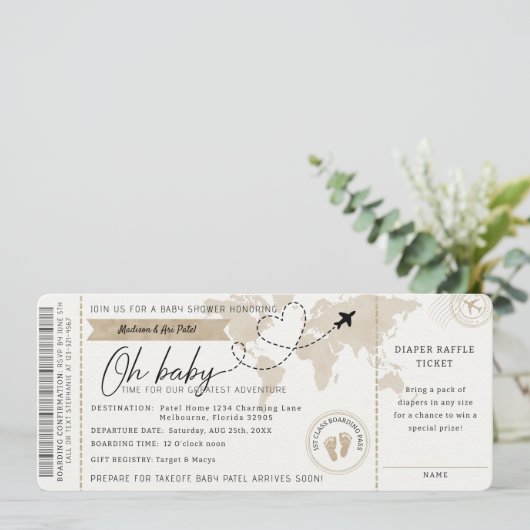 Boarding Pass Travel Baby Dusche einladen Einladung (Stehend Vorderseite)