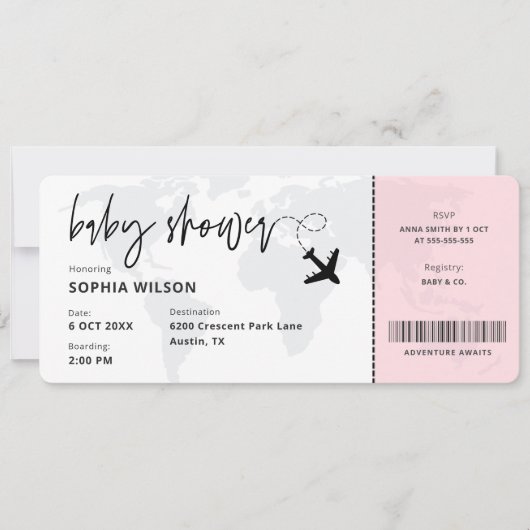 Boarding Pass Travel Baby Girl Babydusche Einladung (Vorderseite)