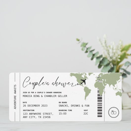 Boarding Pass Travel Couple's Shower Sage Green Einladung (Stehend Vorderseite)