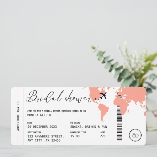 Boarding Pass Travel Themed Coral Brautparty Einladung (Stehend Vorderseite)
